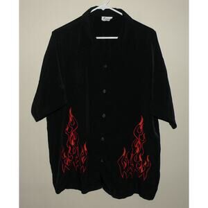 Vtg Single Stitch Saga Men’s Large SS Button Shirt Black Embroidered Flames USA